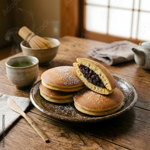 Japanese dorayaki pancake sandwiches filled with sweet azuki red bean paste dusted with sugar served with matcha green tea and bamboo whisk on rustic wooden table by traditional shoji window