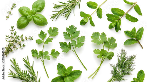 Fresh green culinary herbs assortment on white background.