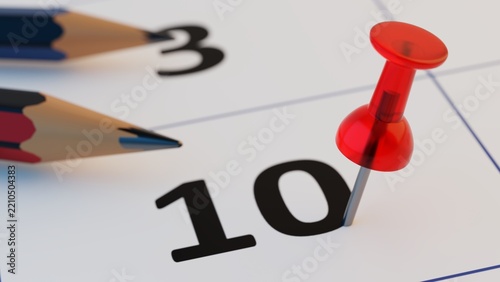Red push pin marking day 10 on a paper calendar beside colored pencils. Close-up 3D illustration of the tenth day of the month, planning, reminders and deadlines.