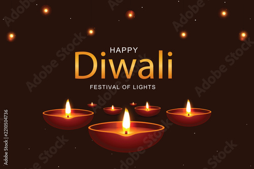 Happy Diwali festival of lights greeting background with glowing oil lamps and bokeh