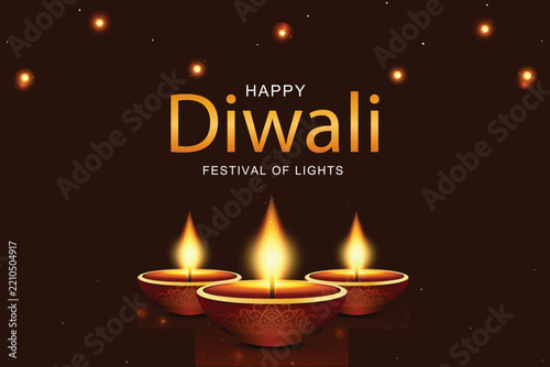 Happy Diwali festival of lights greeting background with glowing oil lamps and bokeh