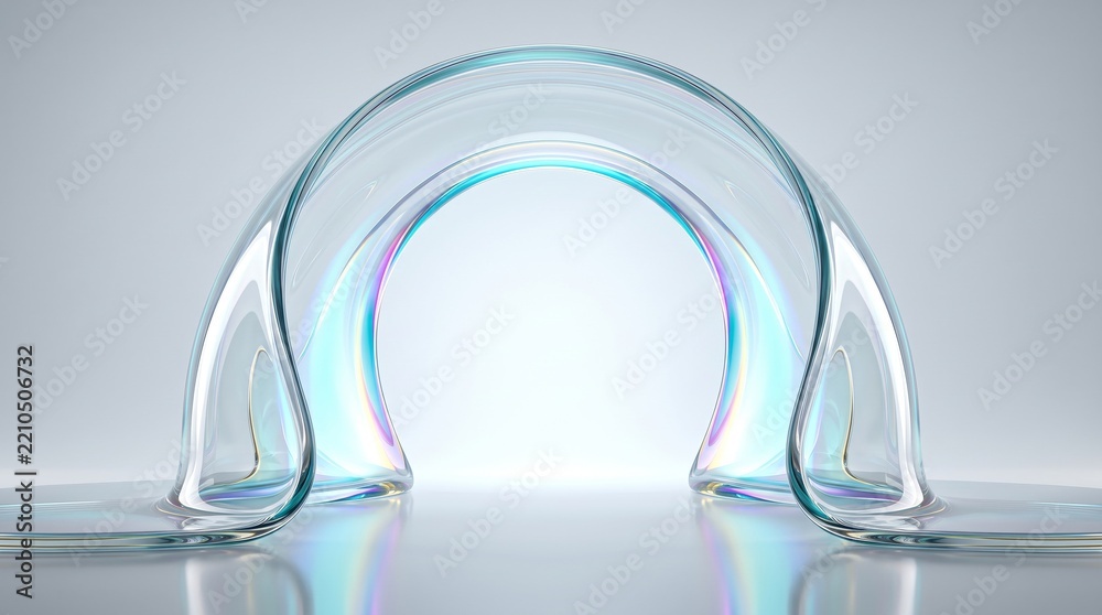 Fototapeta premium Futuristic liquid glass tunnel glows in cool blue tones with reflective curved surfaces and a bright center. Concept tech branding, websites, presentations and banners. Generative AI.