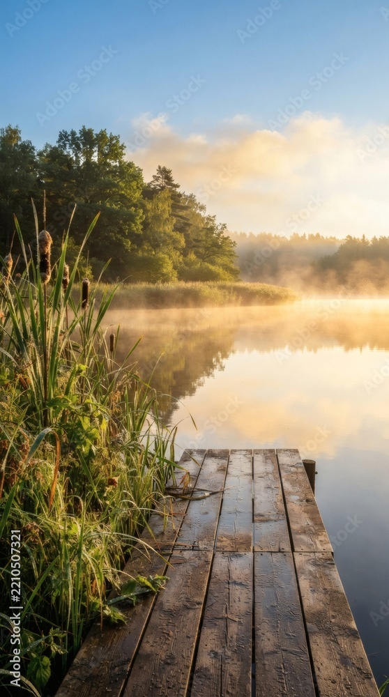 Fototapeta premium Misty Lake Sunrise Wooden Pier Nature Landscape
