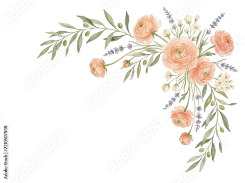 Watercolor peach rose floral corner frame isolated on transparent background