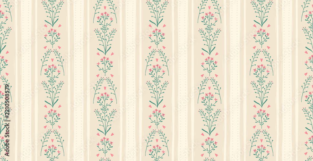 Fototapeta premium Floral pattern with seamless flowers and stripes, vintage wallpaper design. Seamless pattern with retro botanical motif, simple spring flowers and stripes. Floral background, vector illustration
