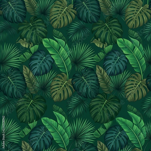 Tropical Monstera and Palm Leaves Seamless Pattern