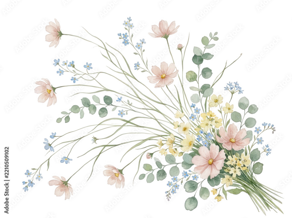 Fototapeta premium Whimsical watercolor floral spray with pink cosmos and eucalyptus isolated on transparent background