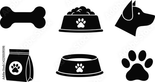Pet icon set featuring dog bone, food bowl, dog head, pet food bag, paw print vector design.