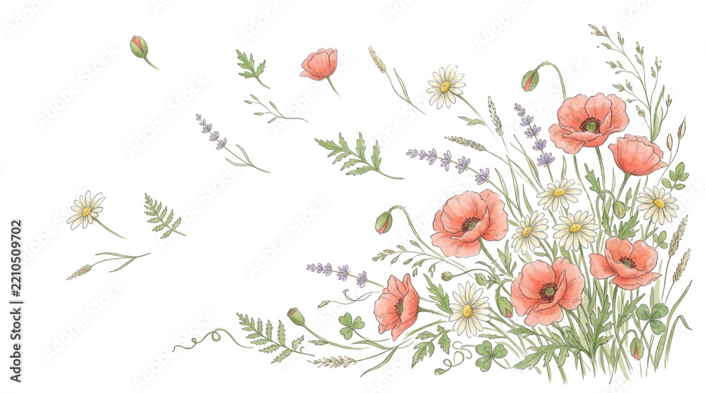 Obraz premium Wildflower arrangement with red poppies and flying petals isolated on transparent background