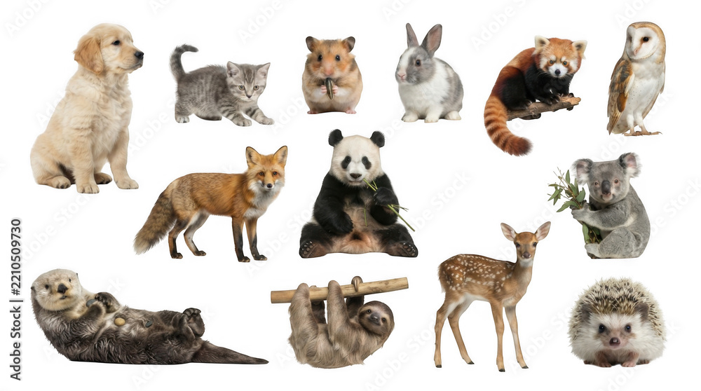 Obraz premium Set of various cute wild and domestic animals including dog cat rabbit panda fox and deer on a plain background isolated on transparent background