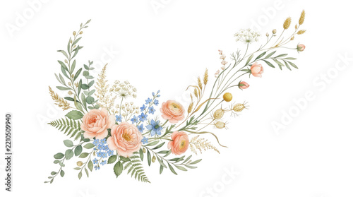 Watercolor peach ranunculus floral arrangement isolated on transparent background with rustic wildflower sprays