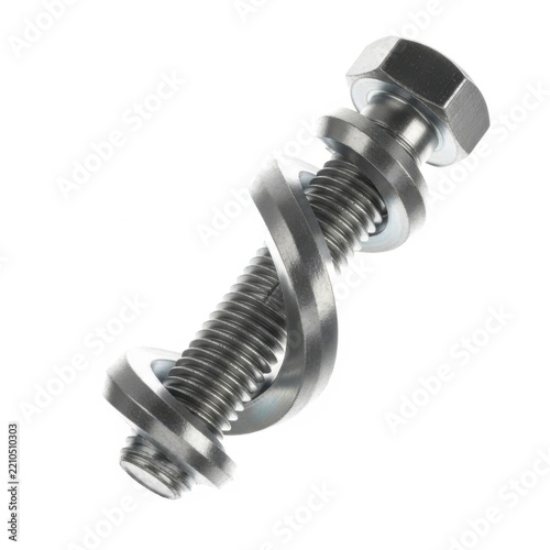 Two connected metal screw and bolt with hexagonal heads for assembly purposes isolated on transparent background