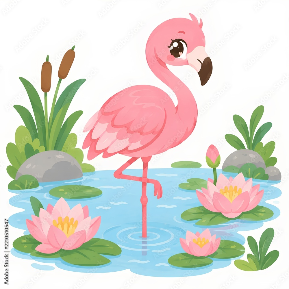 Obraz premium Cute Pink Flamingo Cartoon Illustration, Flamingo Standing in Pond with Lotus Flowers