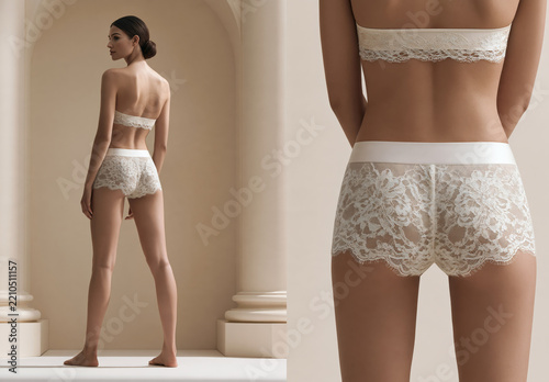Luxury ivory lace lingerie set with strapless bandeau bra and boyshort briefs, model back view, full length and close up split screen.