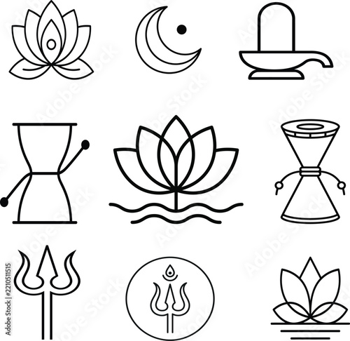 Set of hindu religious symbols, lotus, shiva lingam, and trishula