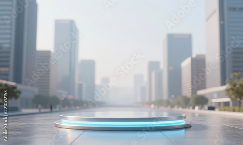 futuristic podium center frame sleek skyscrapers bustling cityscape blurred background subtle