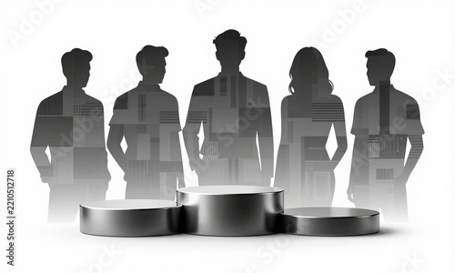 rendered metallic podiums line clean white studio backdrop soft diffused studio lighting centered slightly