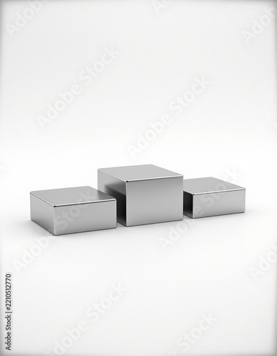 rendered metallic podiums line clean white studio backdrop soft diffused studio lighting centered slightly