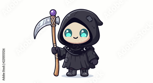 Fotografie Cute chibi Grim Reaper character holding scythe flat vector clipart
