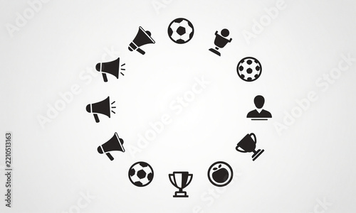 soccer logo elements including megaphones fan icons leadership symbols trophy podiums community logos arranged circular