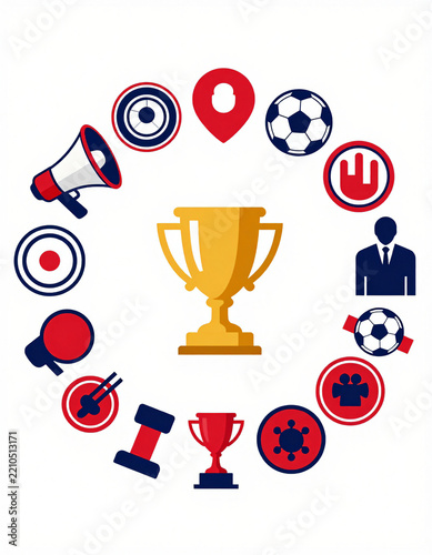 soccer logo elements including megaphones fan icons leadership symbols trophy podiums community logos arranged circular