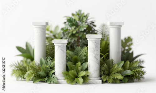 white marble columns positioned harmonious arrangement amidst dense layer lush vibrant green foliage soft diffused