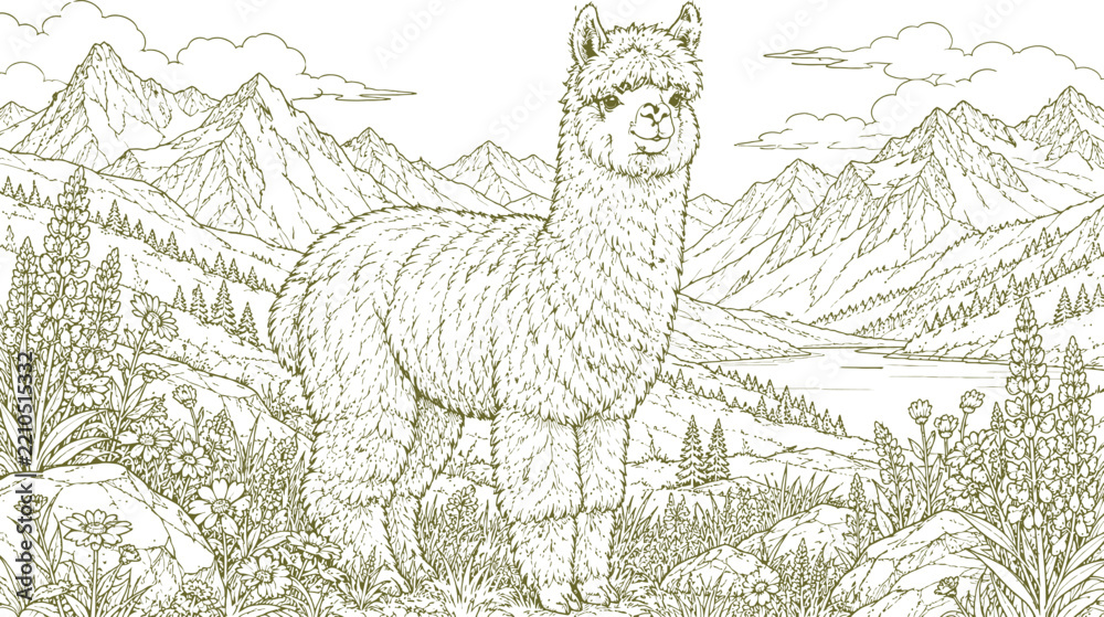 Obraz premium Line art illustration depicts an alpaca standing in a mountainous landscape with foliage