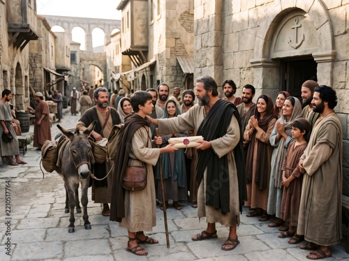 Apostle Paul sending messenger with epistle in ancient town