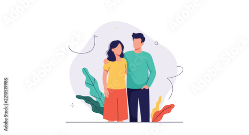 Happy young romantic couple standing together and sharing a warm embrace with love, flat vector illustration.