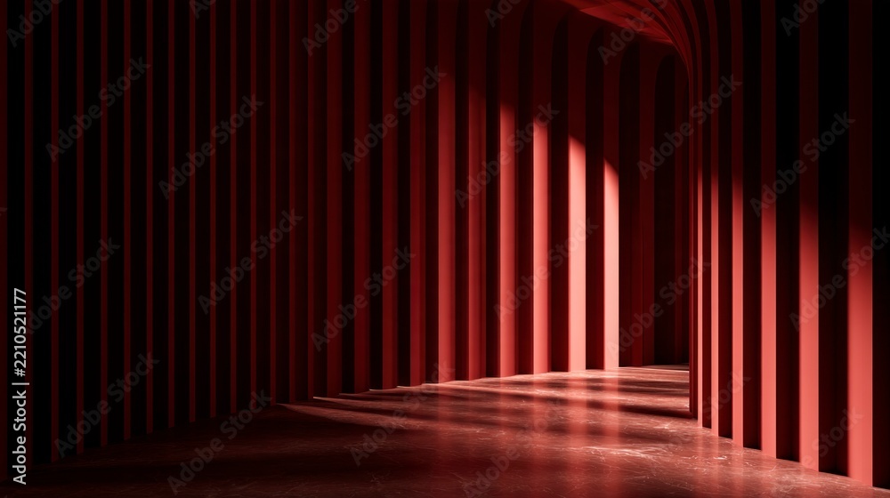Fototapeta premium Modern red architectural interior with vertical columns and dramatic play of light and shadows