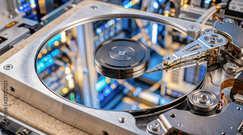 Open hard drive disassembled hdd storage showing shiny magnetic platter read write head actuator arm internal computer mechanism components close view