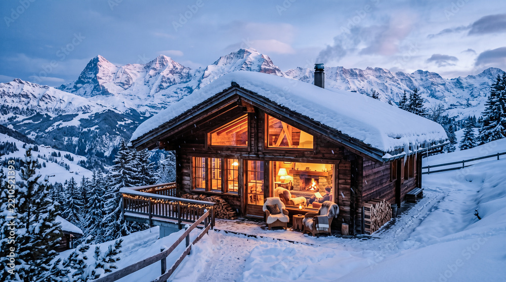 Obraz premium Cozy wooden chalet cabin illuminated with warm glowing lights covered in snow nestled among mountain peaks outdoors during winter evening twilight