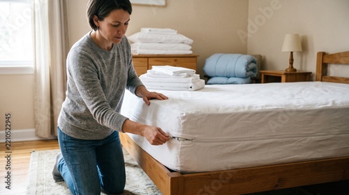 Adult zips protective encasement around mattress