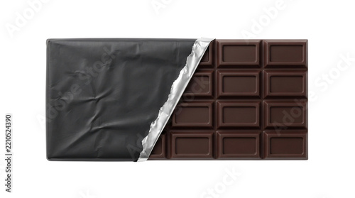 Dark chocolate bar photo. Unwrapped dark chocolate with black wrapper and silver foil on white background. Sweet snack photography for confectionery, desserts, and food packaging.