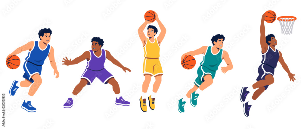 Obraz premium Basketball players dribbling and dunking action illustration