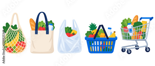 Reusable shopping bags basket and grocery cart illustration