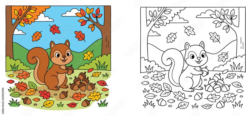 Fototapeta premium Cute cartoon squirrel with acorns and autumn leaves coloring page and color sample illustration for kids activity book vector