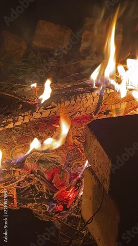 close-up of bright campfire flames vertical video	