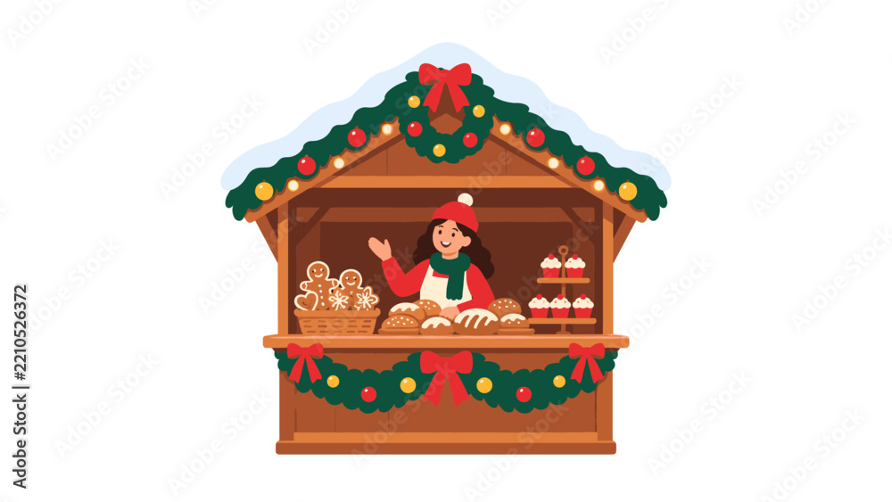 Obraz premium Festive Christmas bakery stall with pastries and waving vendor