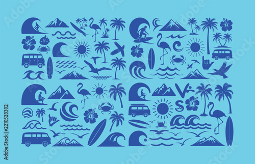 Summer Surfing Silhouette Icons Set - Tropical Beach Vector Elements with Waves, Surfboards, Camper Van, Flamingo, and Palm Trees