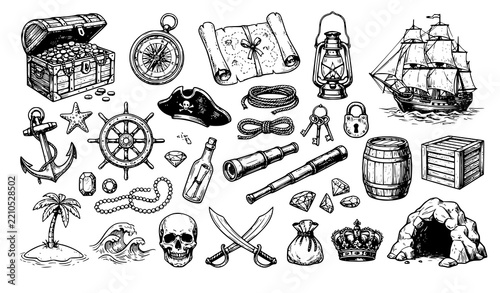 SEO Title: Pirate Treasure Hunt Adventure Sketch Vector Illustration Collection