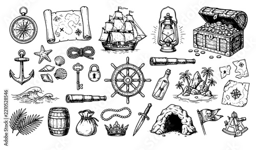 SEO Title: Vintage Treasure Hunt Nautical Hand Drawn Sketch Vector Set