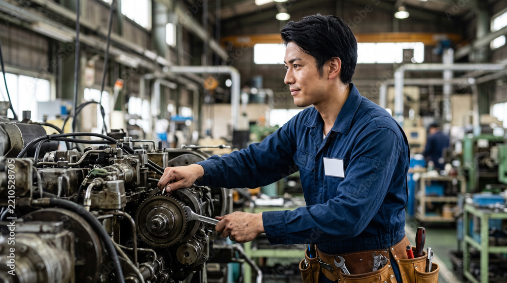 Obraz premium 工場現場で笑顔を見せる20代の若手メンテナンス技術者のポートレート：設備保守と職場環境