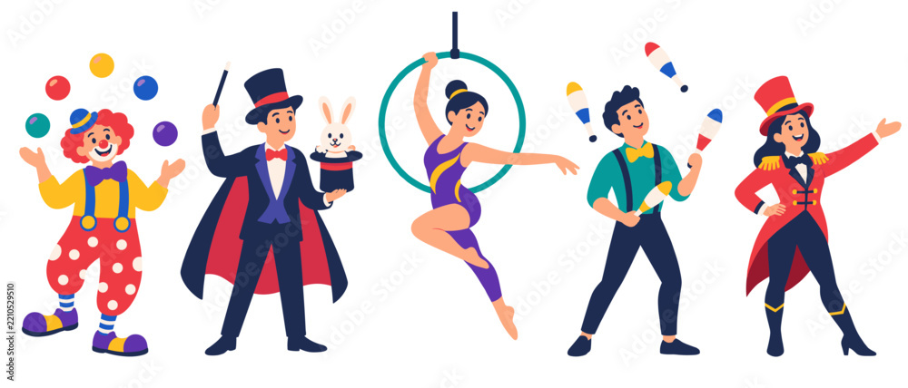 Fototapeta premium Circus performer character set with clown magician and acrobat