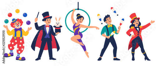 Circus performer character set with clown magician and acrobat