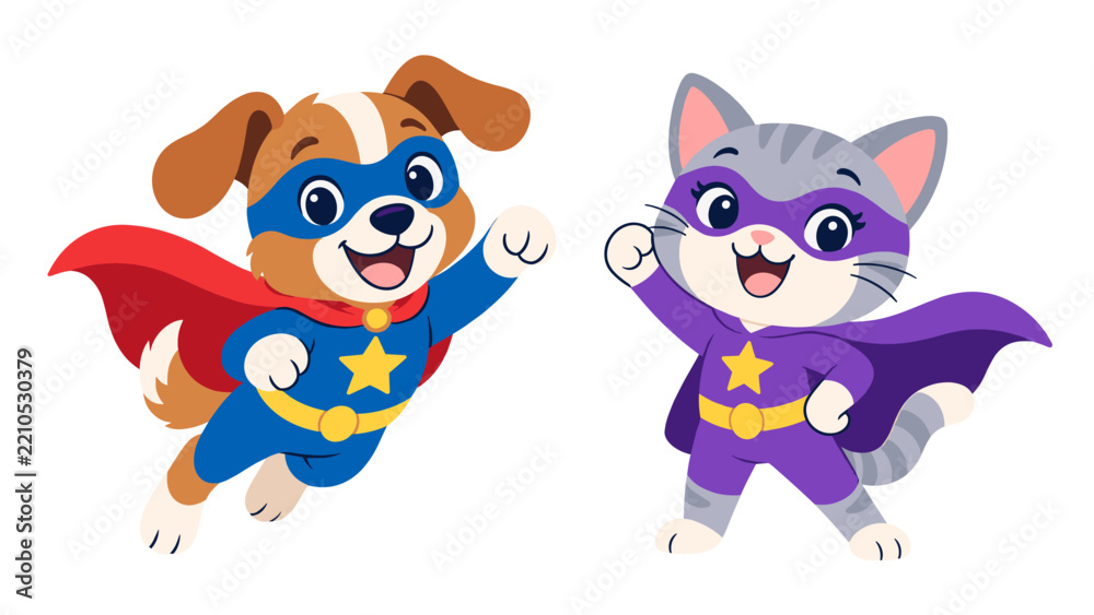 Fototapeta premium Cheerful dog and cat superheroes posing in colorful capes