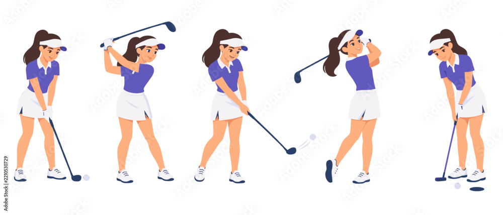 Obraz premium Woman golfer demonstrating a sequence of golf swings