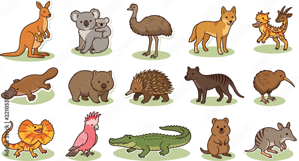 Obraz premium Australian Wildlife Animal Illustration Set with Kangaroo, Koala, Emu, Dingo, Echidna, Wombat, Tasmanian Devil, Crocodile and Native Birds