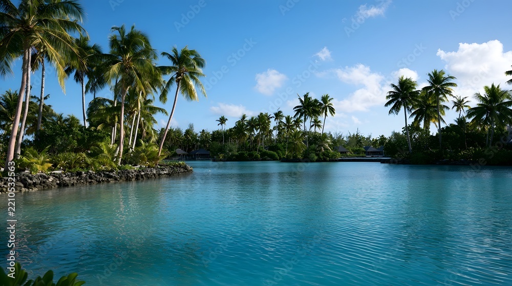 Obraz premium Tropical lagoon surrounded by palm trees under clear blue sky with calm turquoise water reflecting sunlight