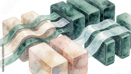 Abstract watercolor illustration of modern server rack with fiber optic connections